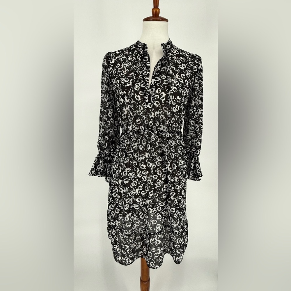 J Crew Mercantile Black & White Floral Sheer Long Sleeve Cinched Button Up Dress